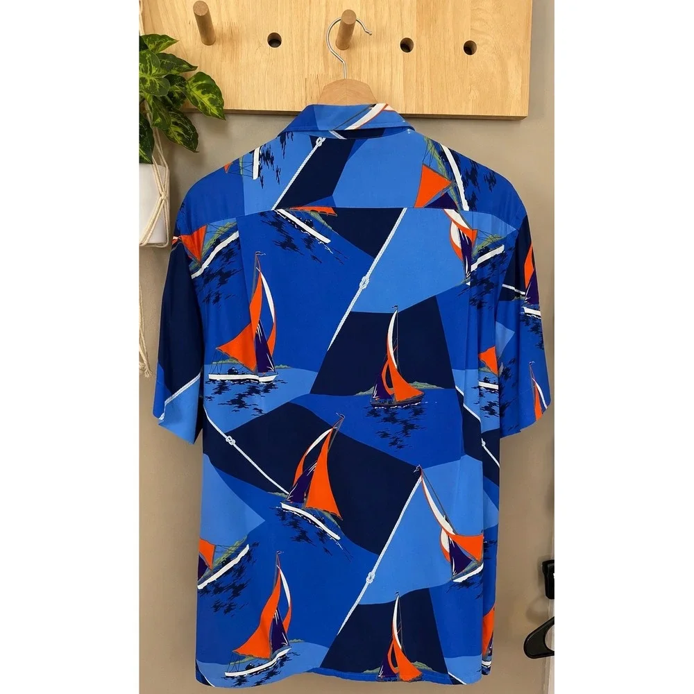 Vintage Polo Ralph Lauren Sailboat Print Viscose Button Down Shirt Blue Large
